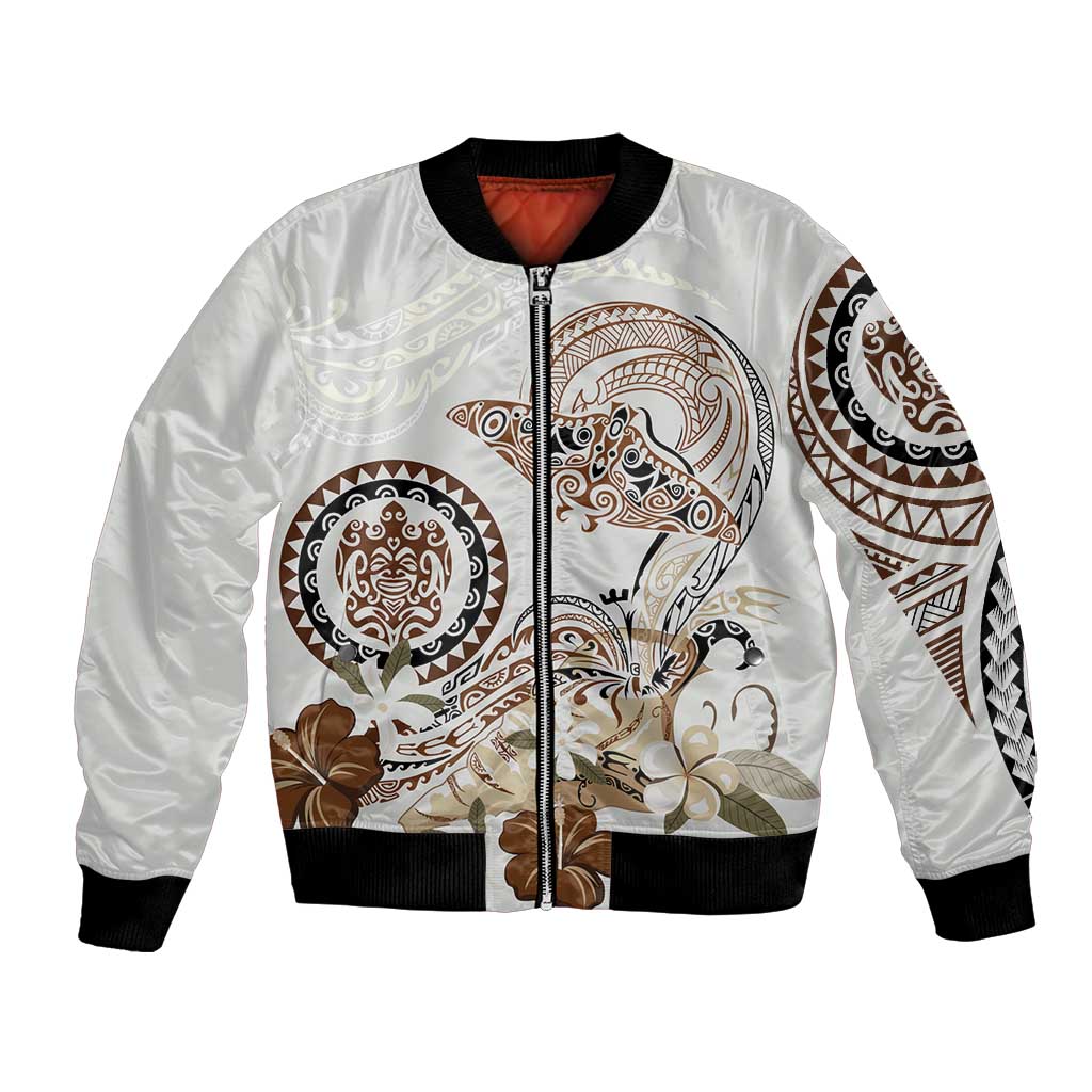 Polynesian Manta Ray Bomber Jacket Beige Floral Turtle Tattoo - Polynesian Pride