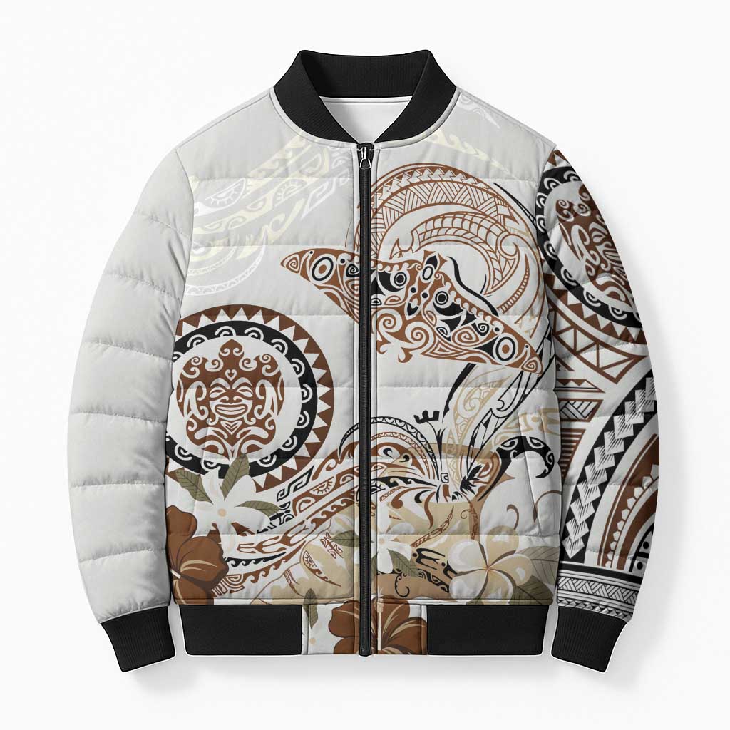 Polynesian Manta Ray Bomber Puffer Jacket Beige Floral Turtle Tattoo - Polynesian Pride