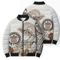 Polynesian Manta Ray Bomber Puffer Jacket Beige Floral Turtle Tattoo - Polynesian Pride