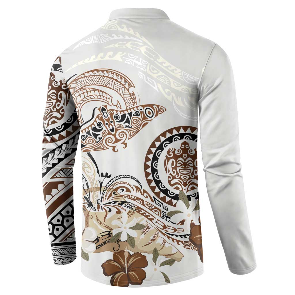 Polynesian Manta Ray Button Sweatshirt Beige Floral Turtle Tattoo - Polynesian Pride