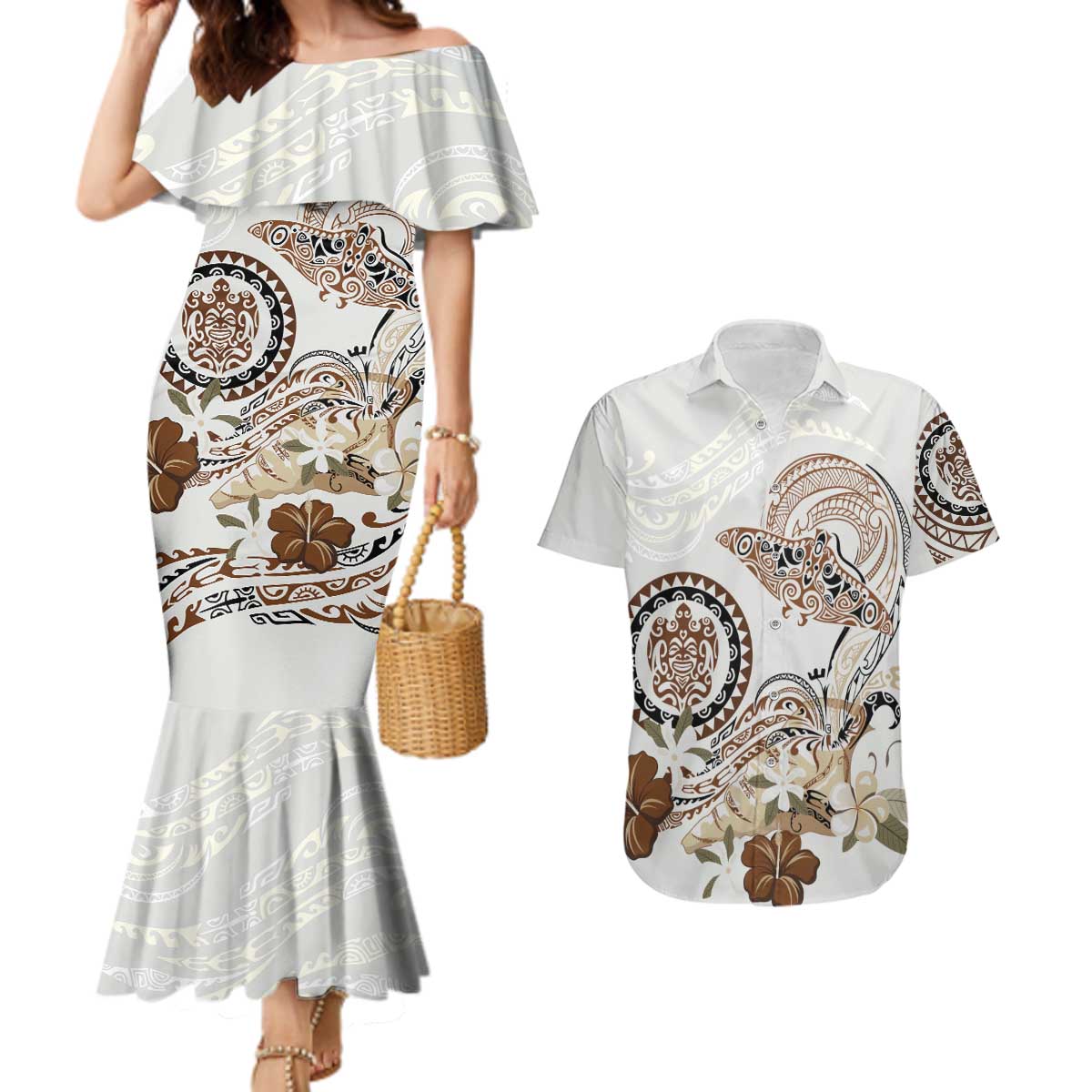 Polynesian Manta Ray Couples Matching Mermaid Dress and Hawaiian Shirt Beige Floral Turtle Tattoo - Polynesian Pride