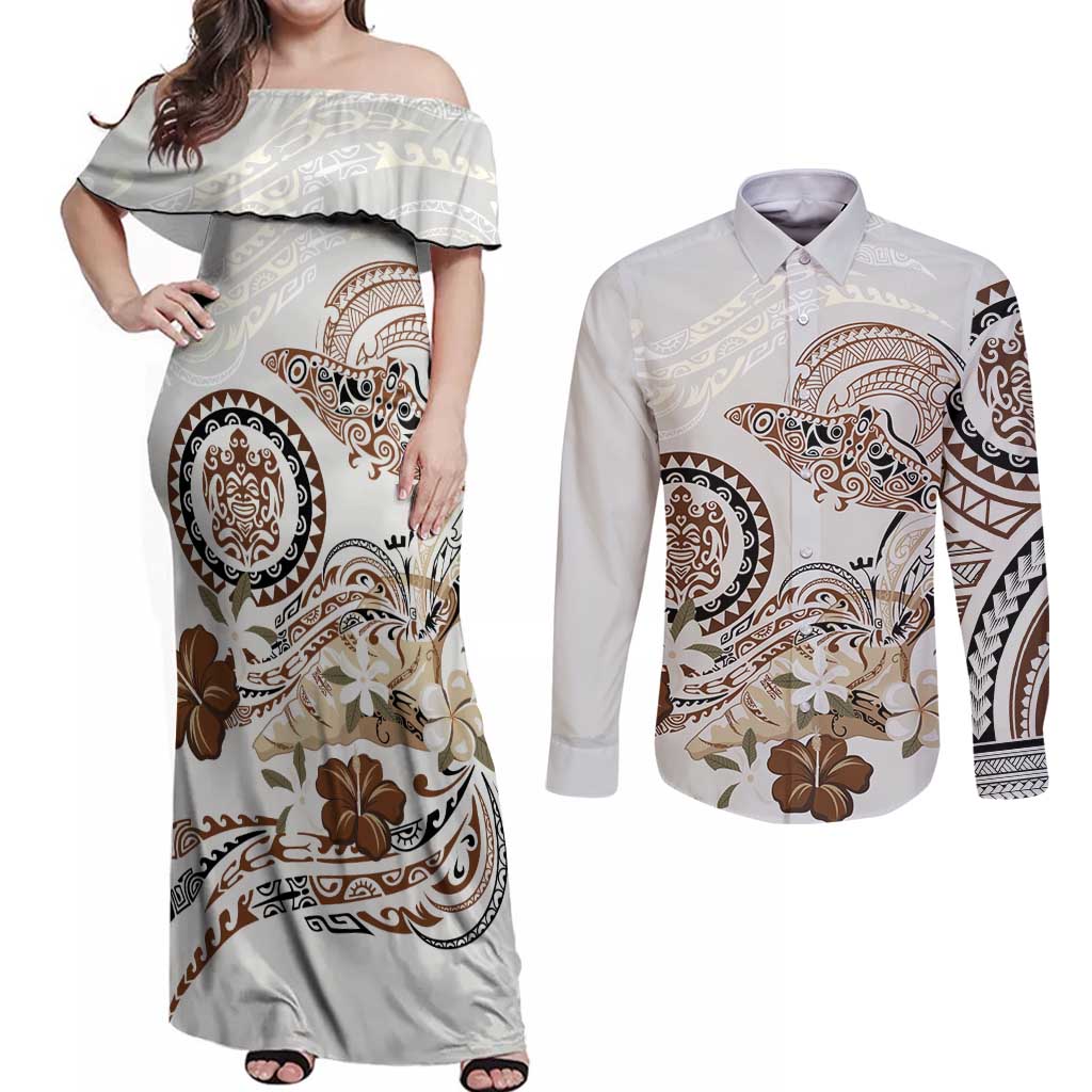 Polynesian Manta Ray Couples Matching Off Shoulder Maxi Dress and Long Sleeve Button Shirt Beige Floral Turtle Tattoo - Polynesian Pride