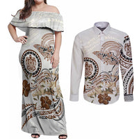 Polynesian Manta Ray Couples Matching Off Shoulder Maxi Dress and Long Sleeve Button Shirt Beige Floral Turtle Tattoo - Polynesian Pride