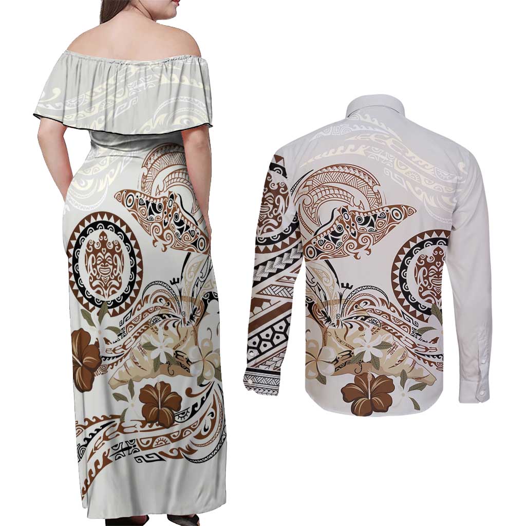 Polynesian Manta Ray Couples Matching Off Shoulder Maxi Dress and Long Sleeve Button Shirt Beige Floral Turtle Tattoo - Polynesian Pride
