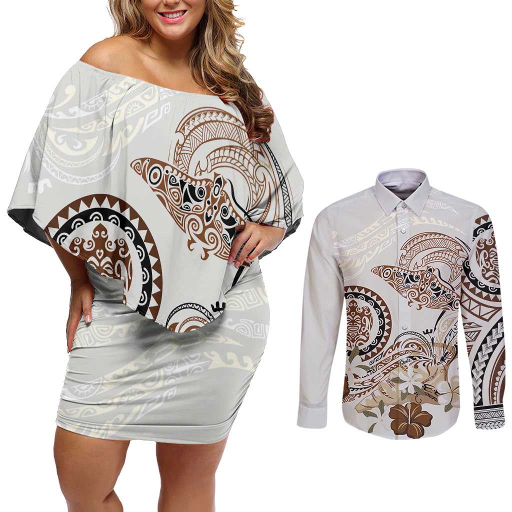 Polynesian Manta Ray Couples Matching Off Shoulder Short Dress and Long Sleeve Button Shirt Beige Floral Turtle Tattoo - Polynesian Pride