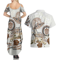 Polynesian Manta Ray Couples Matching Summer Maxi Dress and Hawaiian Shirt Beige Floral Turtle Tattoo - Polynesian Pride