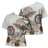 Polynesian Manta Ray Cross Shoulder Shirt Beige Floral Turtle Tattoo - Polynesian Pride