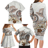 Polynesian Manta Ray Family Matching Long Sleeve Bodycon Dress and Hawaiian Shirt Beige Floral Turtle Tattoo - Polynesian Pride