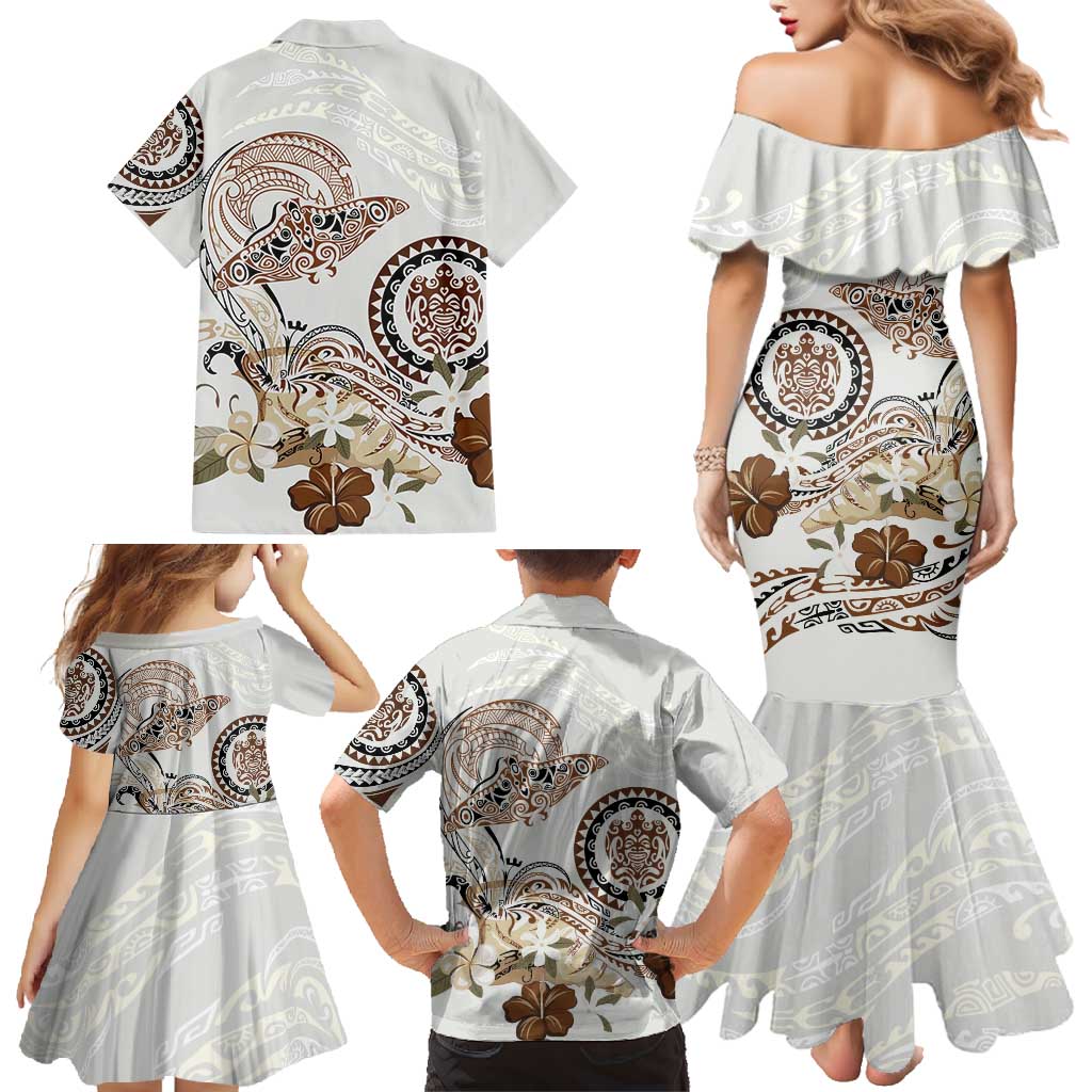 Polynesian Manta Ray Family Matching Mermaid Dress and Hawaiian Shirt Beige Floral Turtle Tattoo - Polynesian Pride