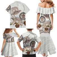 Polynesian Manta Ray Family Matching Mermaid Dress and Hawaiian Shirt Beige Floral Turtle Tattoo - Polynesian Pride