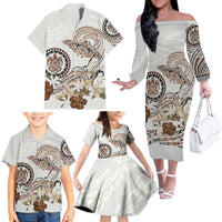 Polynesian Manta Ray Family Matching Off The Shoulder Long Sleeve Dress and Hawaiian Shirt Beige Floral Turtle Tattoo - Polynesian Pride