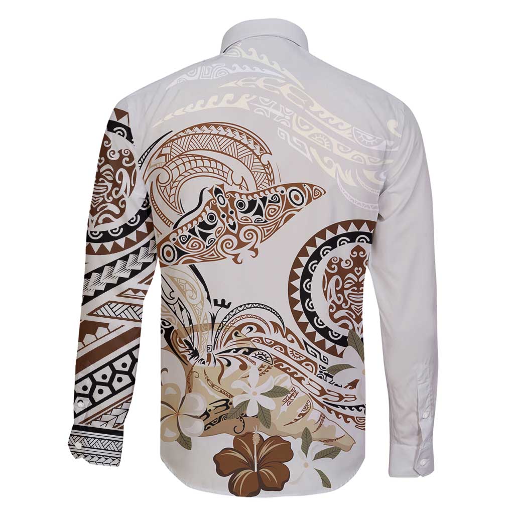 Polynesian Manta Ray Family Matching Off Shoulder Maxi Dress and Hawaiian Shirt Beige Floral Turtle Tattoo - Polynesian Pride
