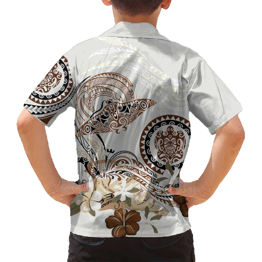 Polynesian Manta Ray Family Matching Off Shoulder Short Dress and Hawaiian Shirt Beige Floral Turtle Tattoo - Polynesian Pride