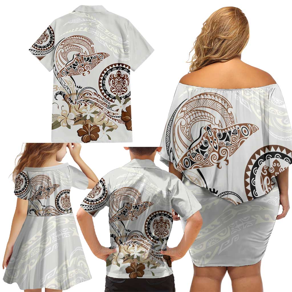 Polynesian Manta Ray Family Matching Off Shoulder Short Dress and Hawaiian Shirt Beige Floral Turtle Tattoo - Polynesian Pride