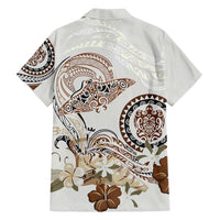 Polynesian Manta Ray Family Matching Off Shoulder Short Dress and Hawaiian Shirt Beige Floral Turtle Tattoo - Polynesian Pride
