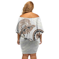 Polynesian Manta Ray Family Matching Off Shoulder Short Dress and Hawaiian Shirt Beige Floral Turtle Tattoo - Polynesian Pride