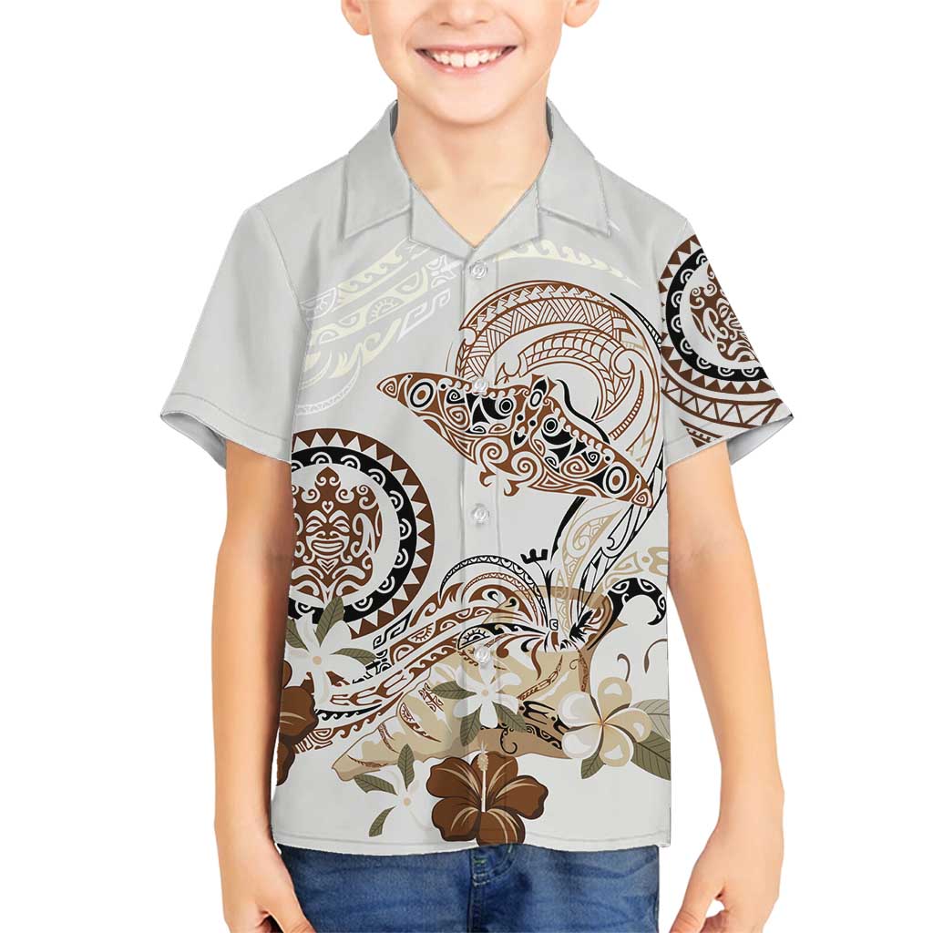 Polynesian Manta Ray Family Matching Off Shoulder Short Dress and Hawaiian Shirt Beige Floral Turtle Tattoo - Polynesian Pride