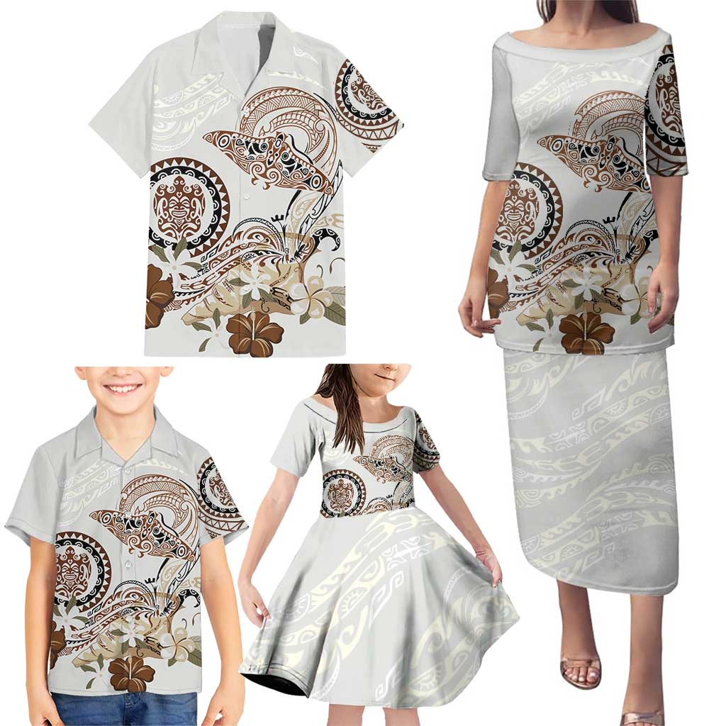 Polynesian Manta Ray Family Matching Puletasi and Hawaiian Shirt Beige Floral Turtle Tattoo - Polynesian Pride