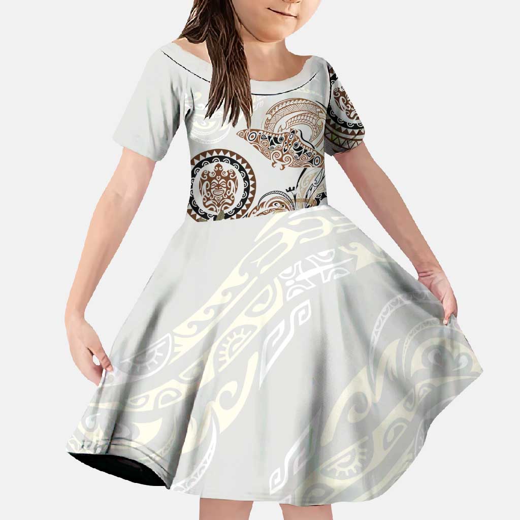 Polynesian Manta Ray Family Matching Short Sleeve Bodycon Dress and Hawaiian Shirt Beige Floral Turtle Tattoo - Polynesian Pride