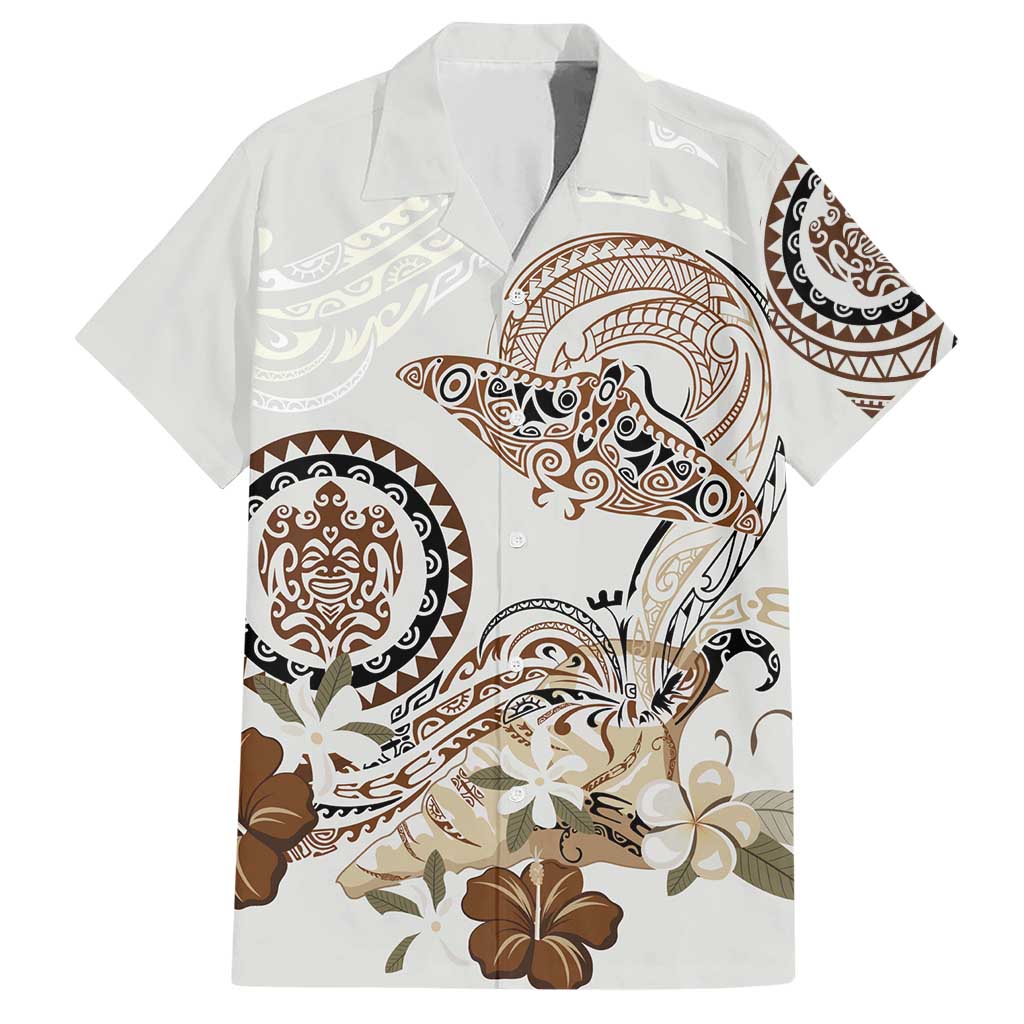 Polynesian Manta Ray Family Matching Short Sleeve Bodycon Dress and Hawaiian Shirt Beige Floral Turtle Tattoo - Polynesian Pride