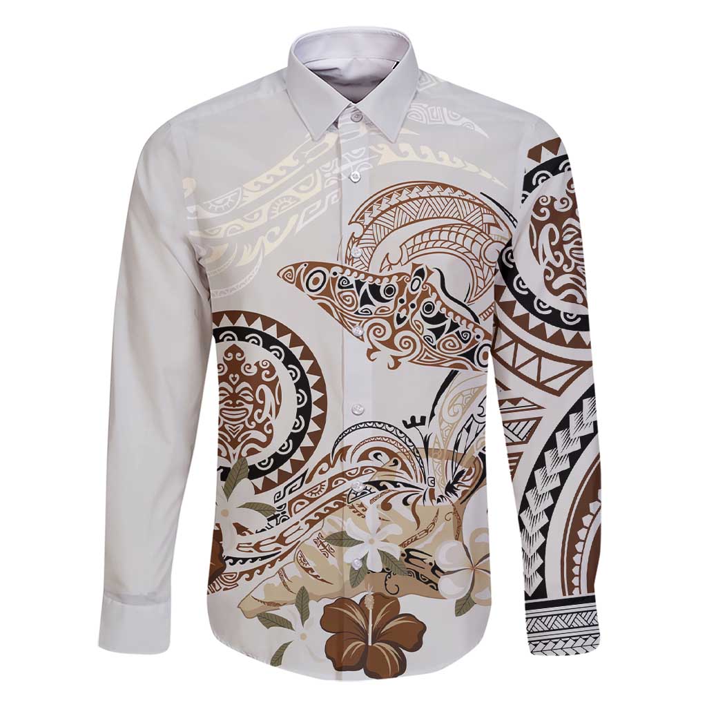 Polynesian Manta Ray Family Matching Short Sleeve Bodycon Dress and Hawaiian Shirt Beige Floral Turtle Tattoo - Polynesian Pride