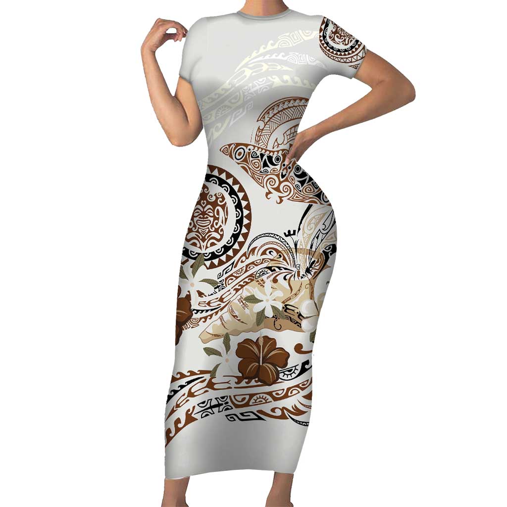 Polynesian Manta Ray Family Matching Short Sleeve Bodycon Dress and Hawaiian Shirt Beige Floral Turtle Tattoo - Polynesian Pride