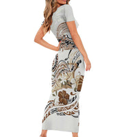 Polynesian Manta Ray Family Matching Short Sleeve Bodycon Dress and Hawaiian Shirt Beige Floral Turtle Tattoo - Polynesian Pride