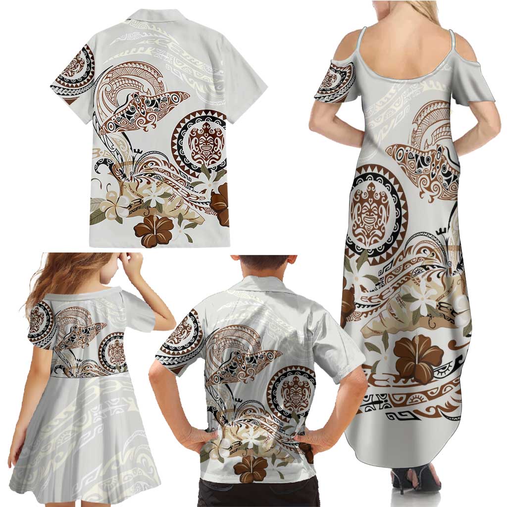 Polynesian Manta Ray Family Matching Summer Maxi Dress and Hawaiian Shirt Beige Floral Turtle Tattoo - Polynesian Pride