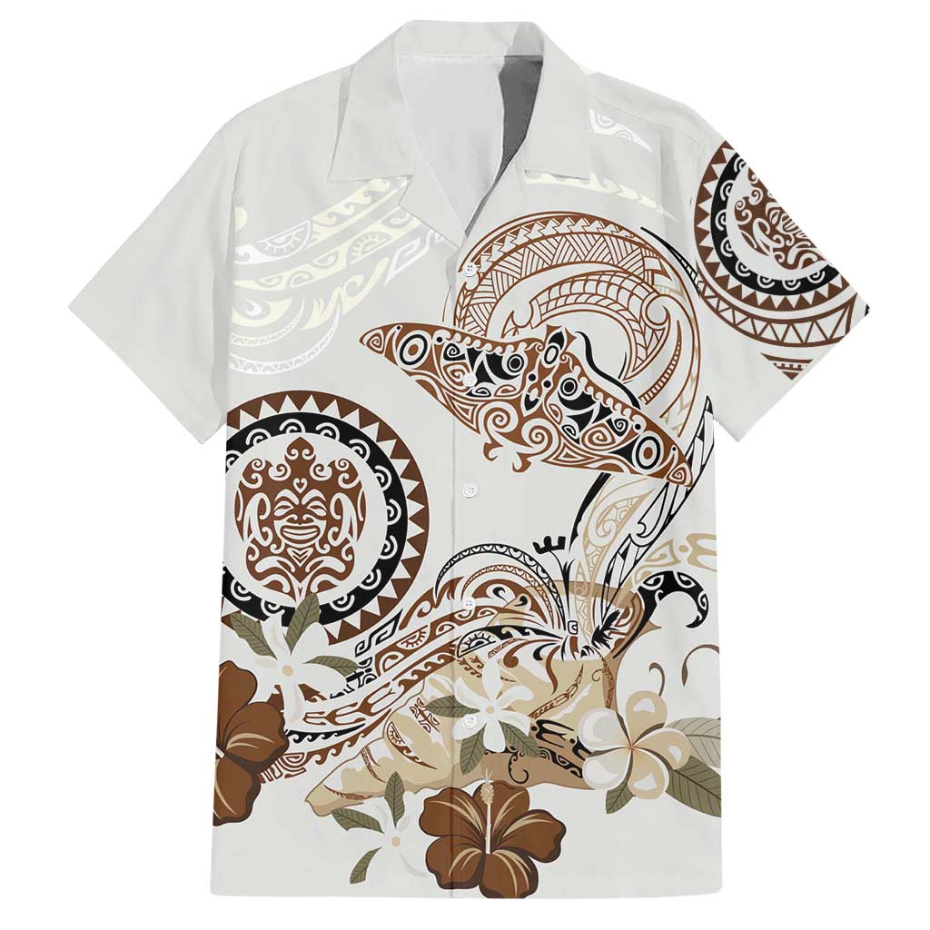 Polynesian Manta Ray Hawaiian Shirt Beige Floral Turtle Tattoo - Polynesian Pride