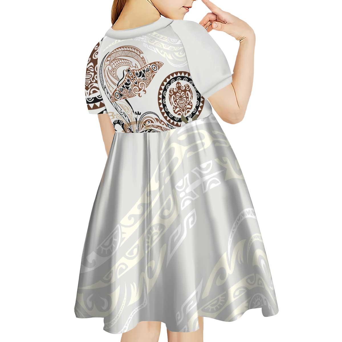 Polynesian Manta Ray Kid Short Sleeve Dress Beige Floral Turtle Tattoo - Polynesian Pride