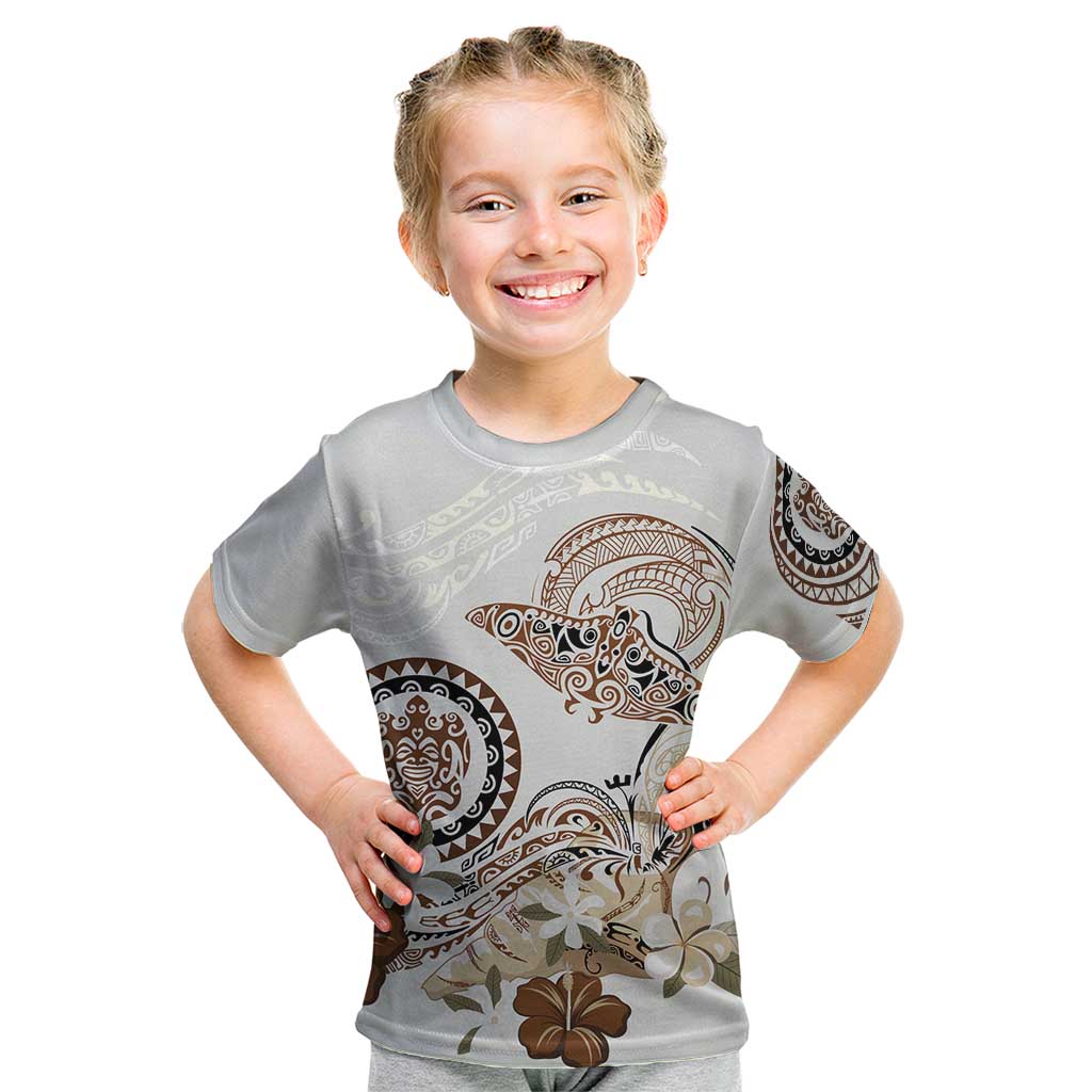 Polynesian Manta Ray Kid T Shirt Beige Floral Turtle Tattoo - Polynesian Pride