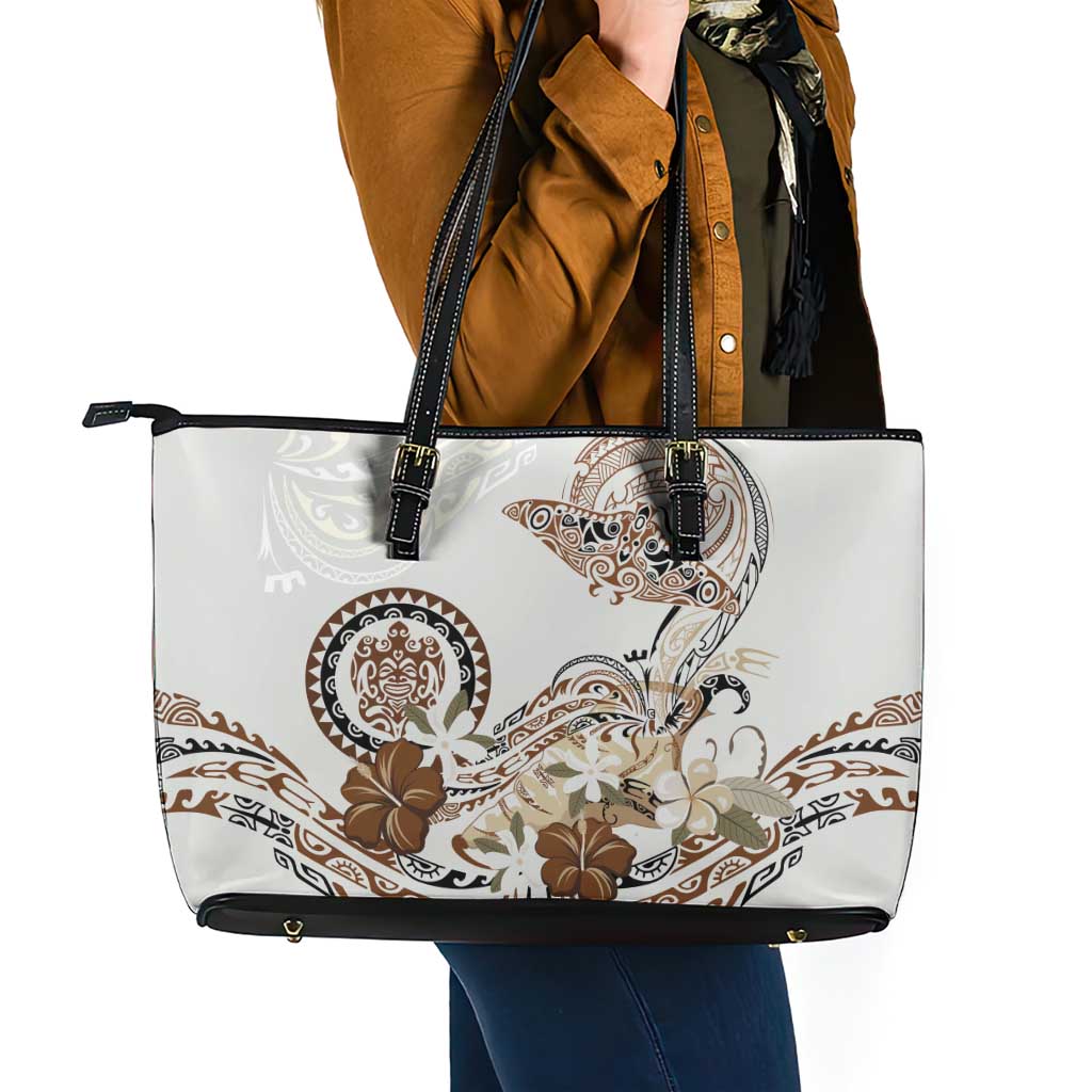 Polynesian Manta Ray Leather Tote Bag Beige Floral Turtle Tattoo - Polynesian Pride