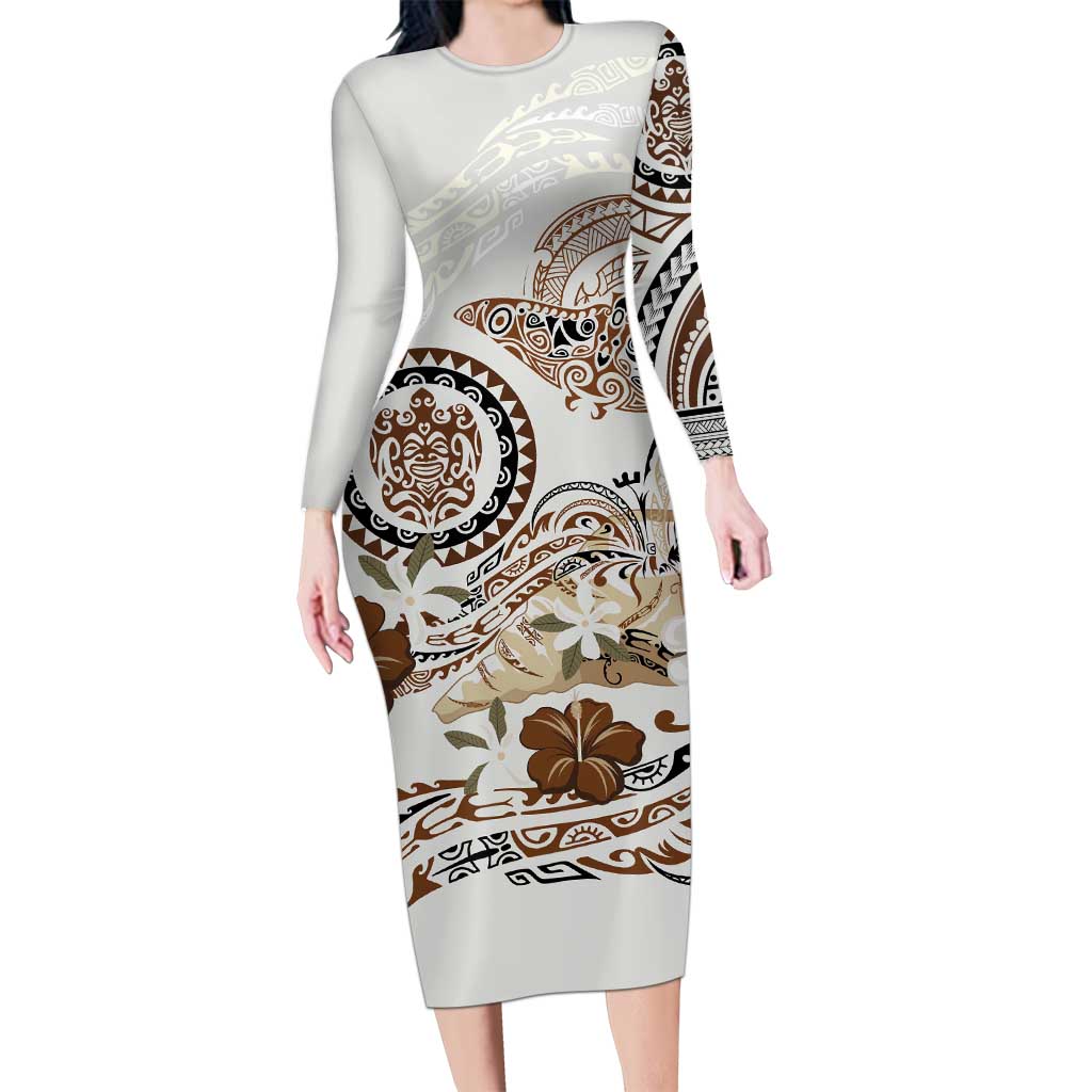 Polynesian Manta Ray Long Sleeve Bodycon Dress Beige Floral Turtle Tattoo - Polynesian Pride