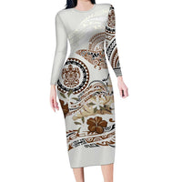 Polynesian Manta Ray Long Sleeve Bodycon Dress Beige Floral Turtle Tattoo - Polynesian Pride