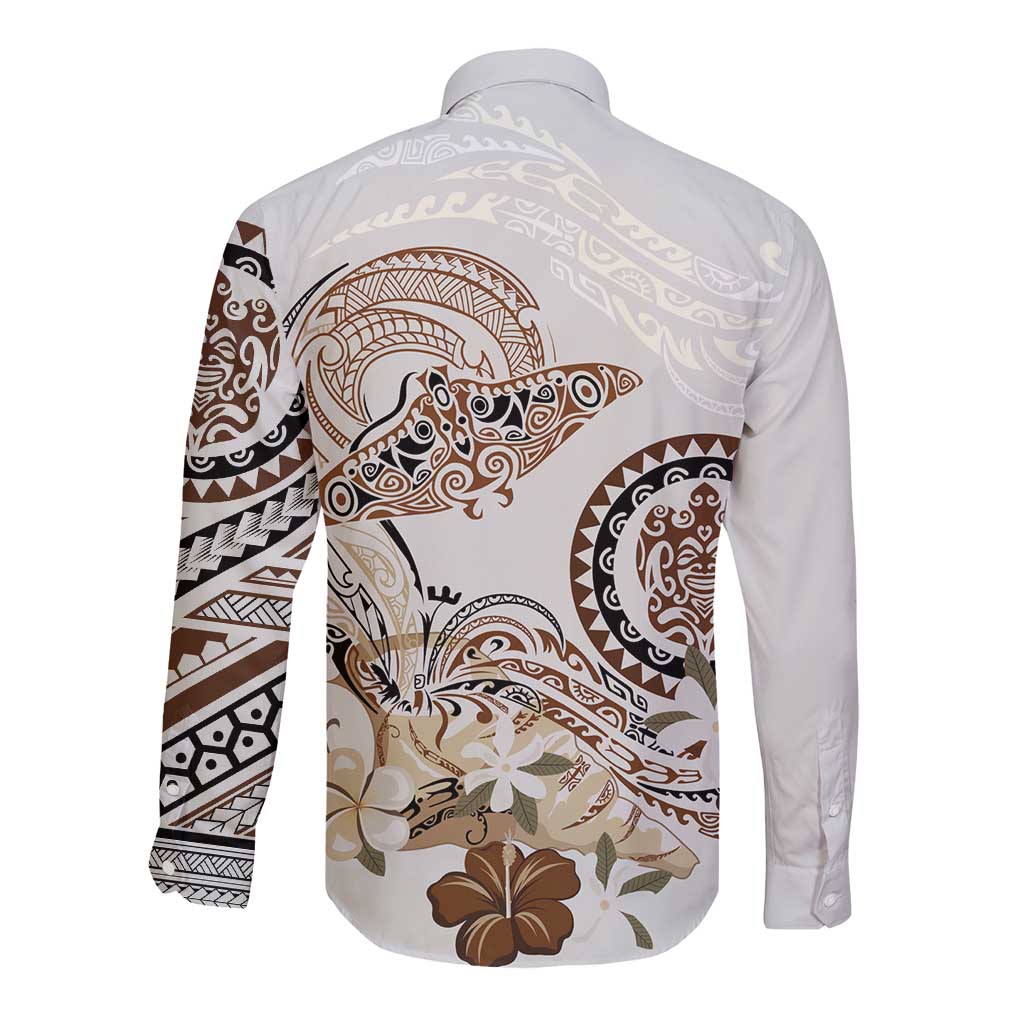 Polynesian Manta Ray Long Sleeve Button Shirt Beige Floral Turtle Tattoo - Polynesian Pride