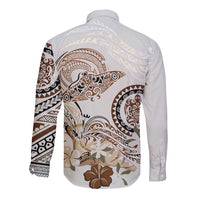 Polynesian Manta Ray Long Sleeve Button Shirt Beige Floral Turtle Tattoo - Polynesian Pride
