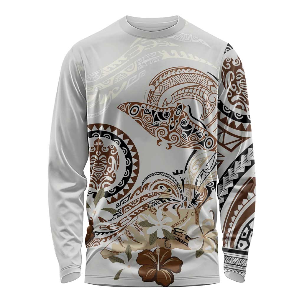 Polynesian Manta Ray Long Sleeve Shirt Beige Floral Turtle Tattoo - Polynesian Pride