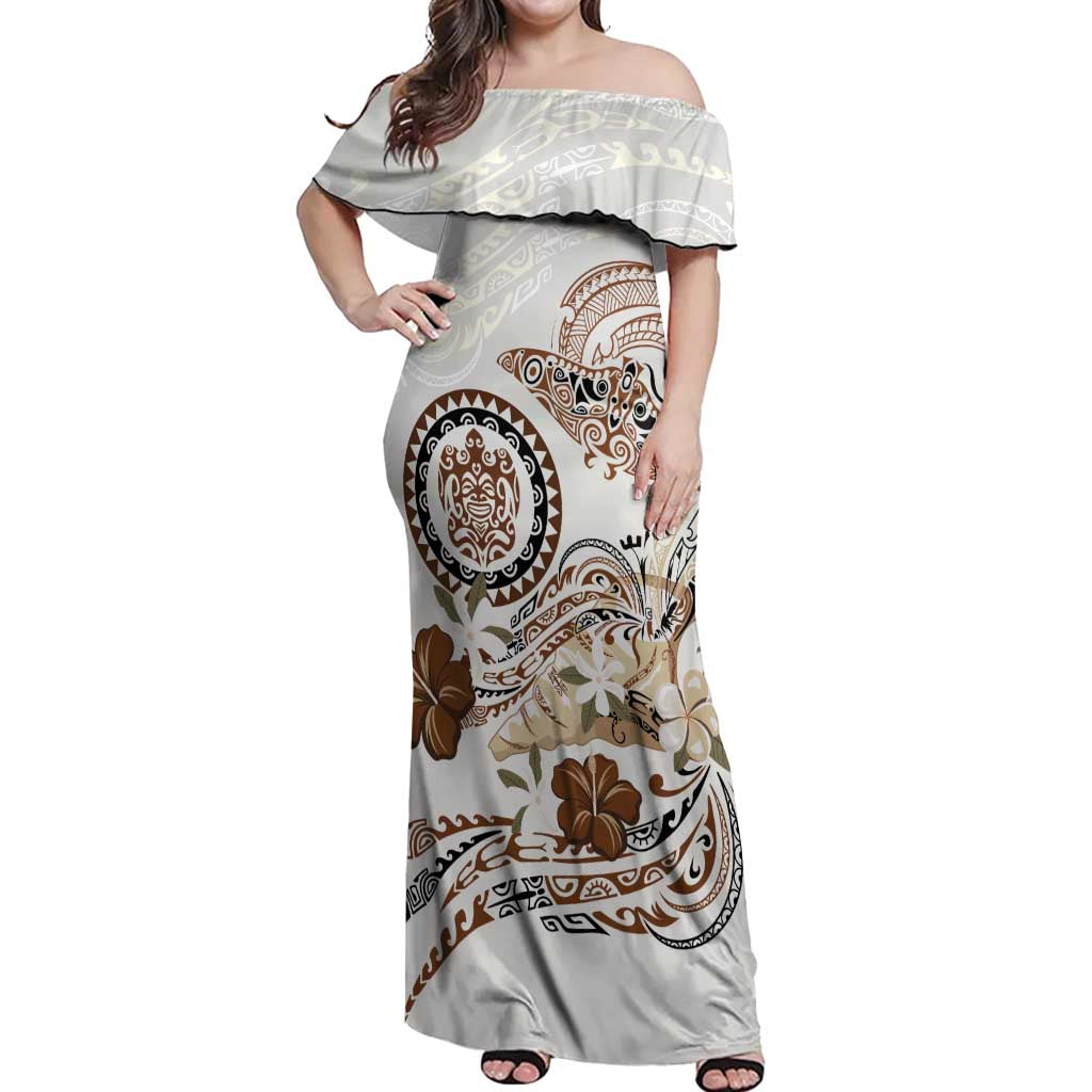 Polynesian Manta Ray Off Shoulder Maxi Dress Beige Floral Turtle Tattoo - Polynesian Pride