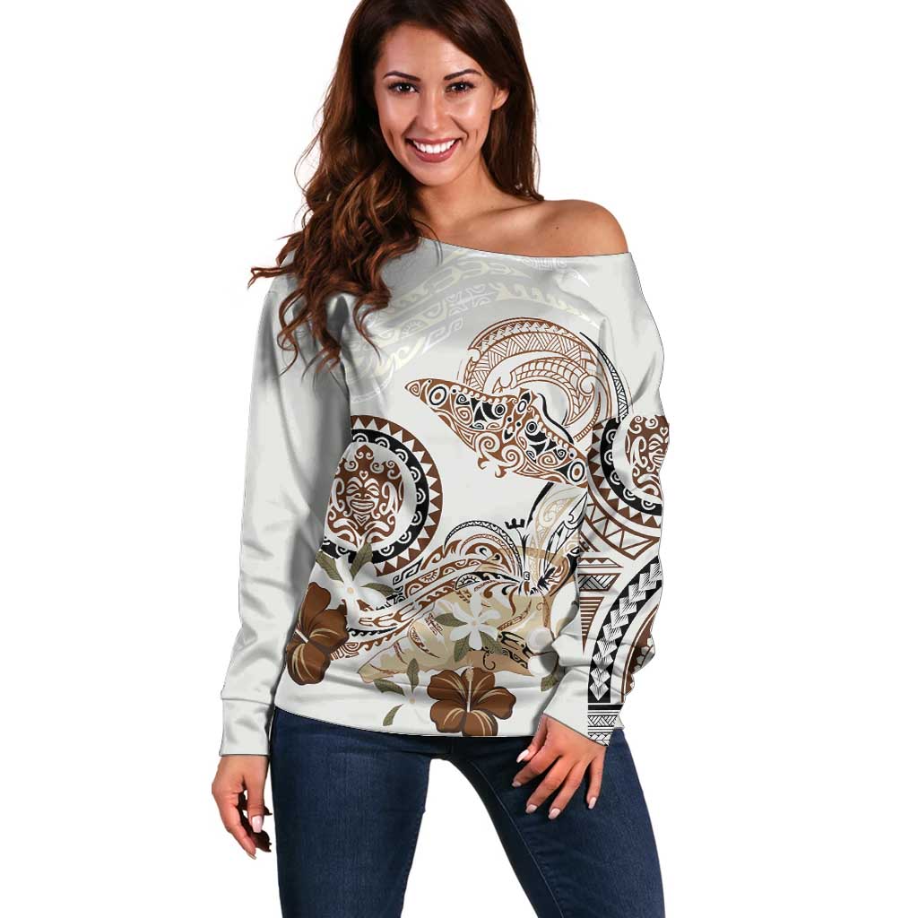 Polynesian Manta Ray Off Shoulder Sweater Beige Floral Turtle Tattoo - Polynesian Pride