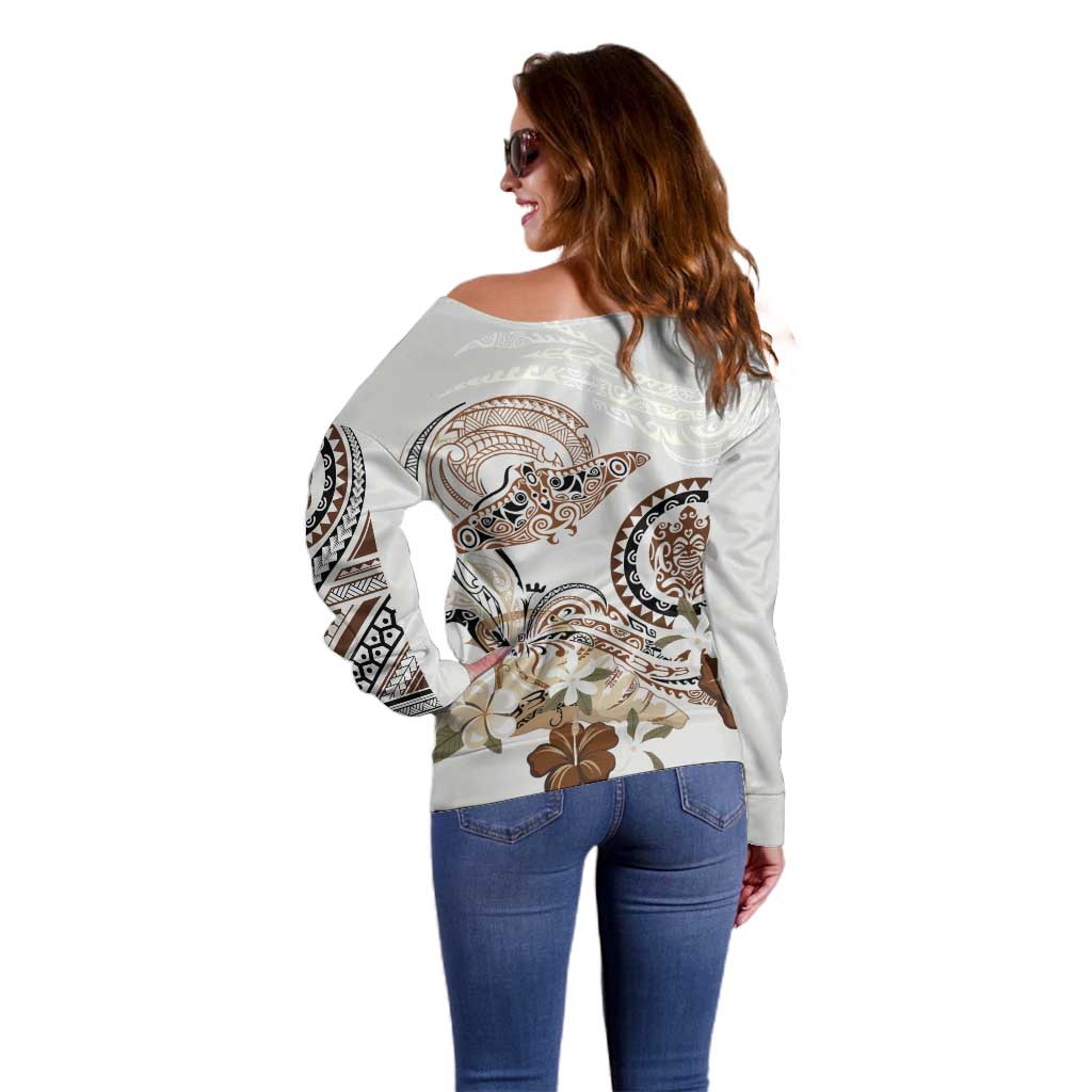 Polynesian Manta Ray Off Shoulder Sweater Beige Floral Turtle Tattoo - Polynesian Pride
