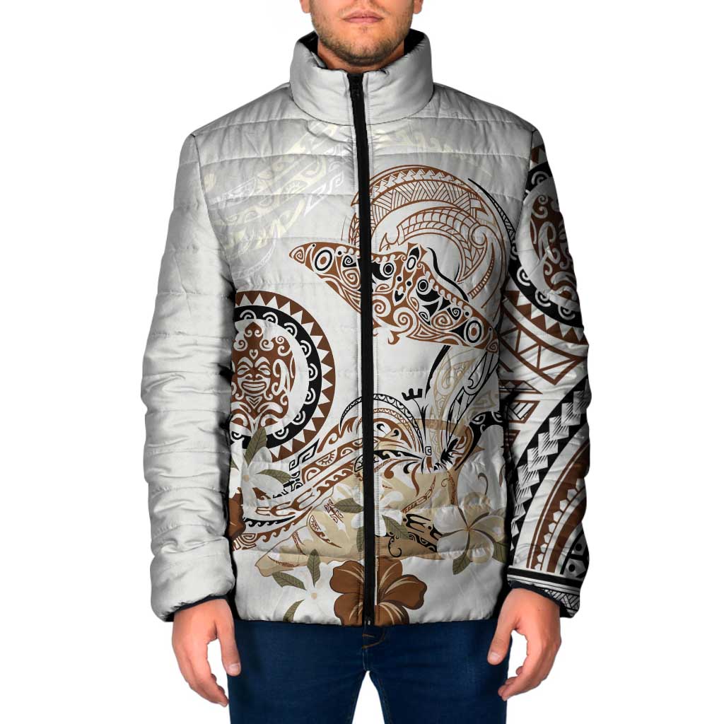 Polynesian Manta Ray Padded Jacket Beige Floral Turtle Tattoo - Polynesian Pride