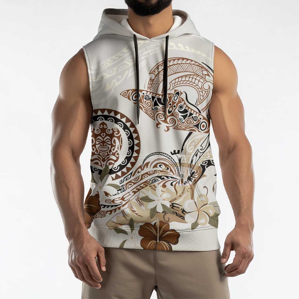 Polynesian Manta Ray Sleeveless Hoodie Beige Floral Turtle Tattoo - Polynesian Pride