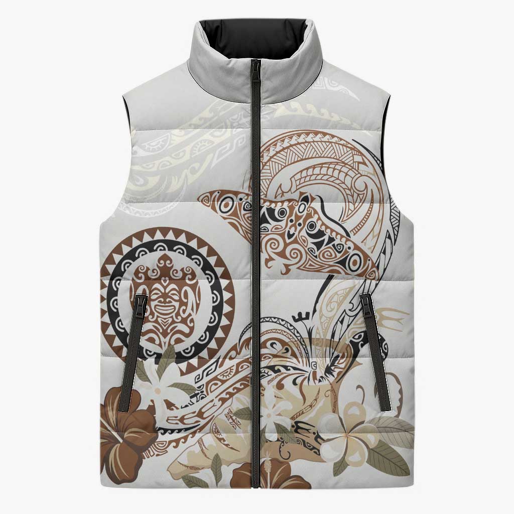 Polynesian Manta Ray Sleeveless Puffer Jacket Beige Floral Turtle Tattoo - Polynesian Pride