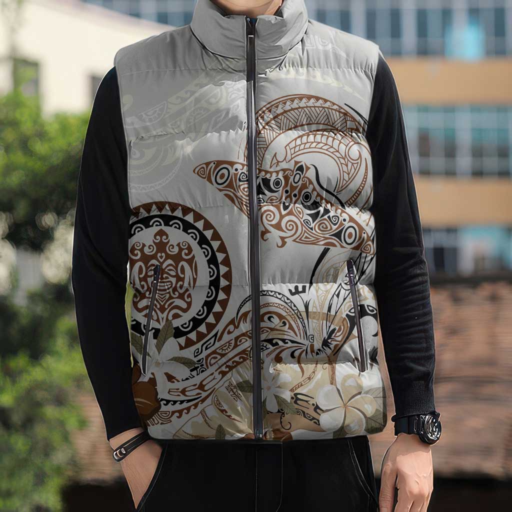 Polynesian Manta Ray Sleeveless Puffer Jacket Beige Floral Turtle Tattoo - Polynesian Pride