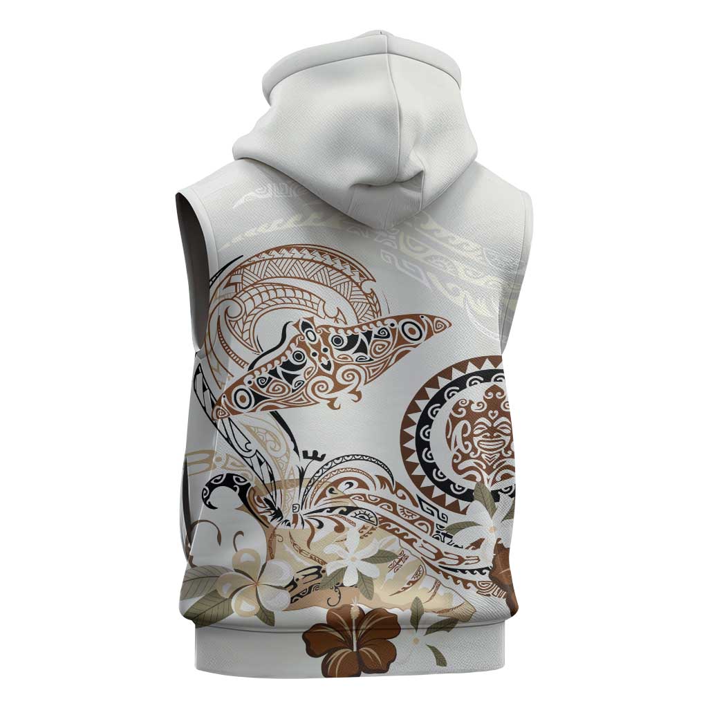 Polynesian Manta Ray Sleeveless Zip Hoodie Beige Floral Turtle Tattoo - Polynesian Pride