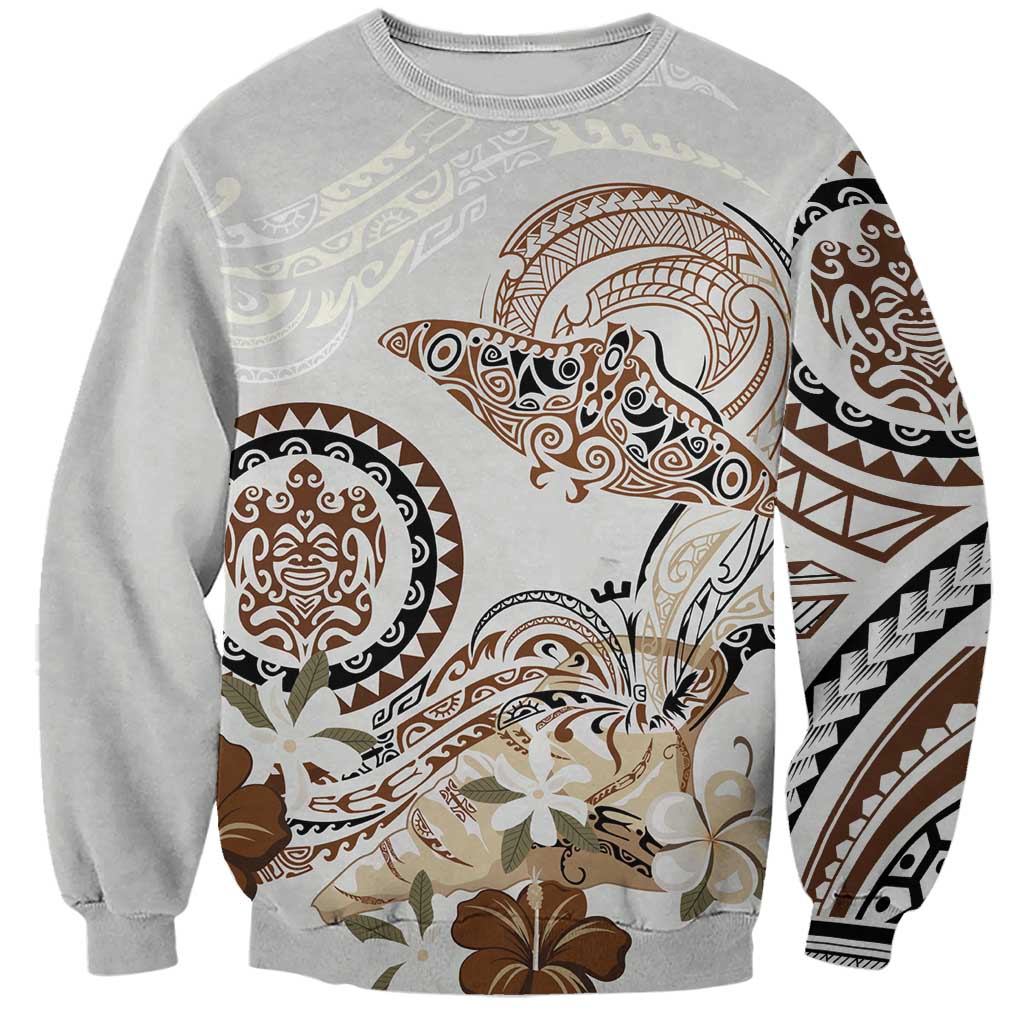 Polynesian Manta Ray Sweatshirt Beige Floral Turtle Tattoo - Polynesian Pride