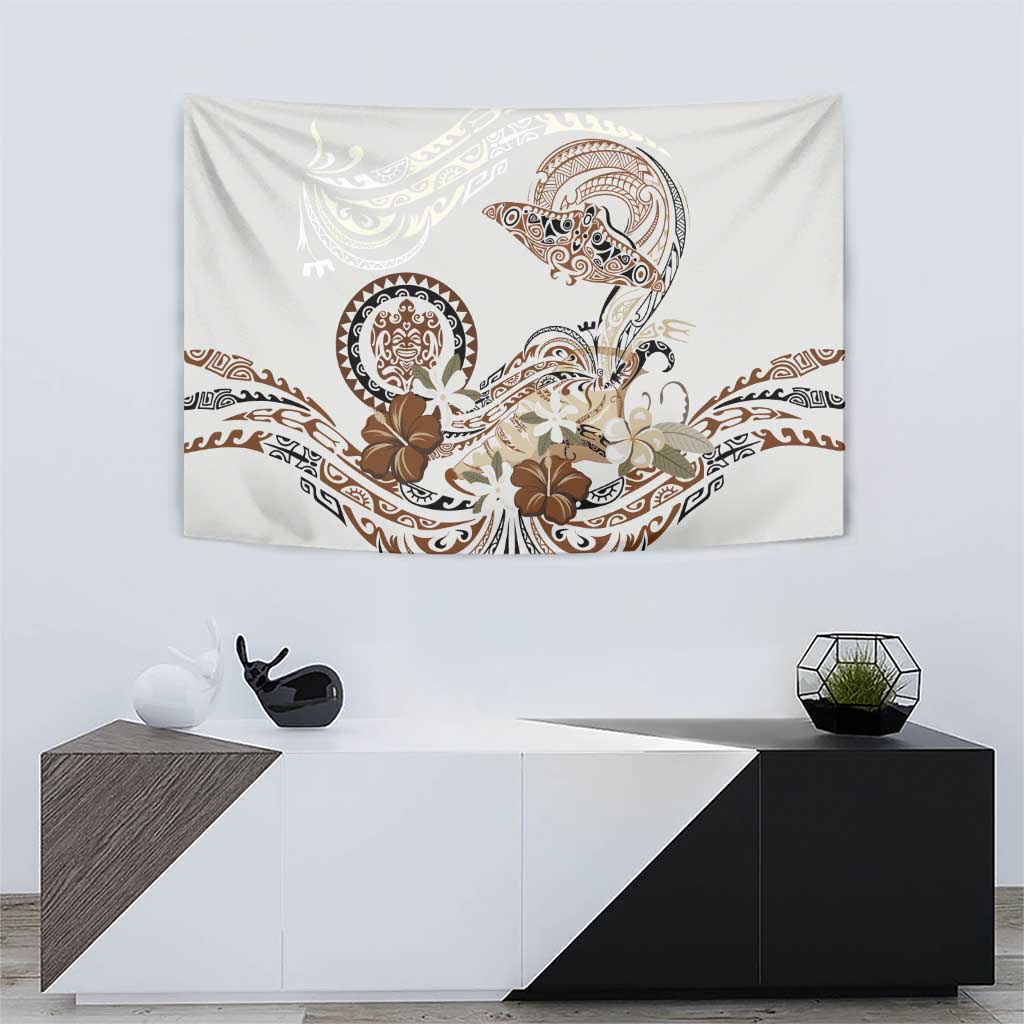 Polynesian Manta Ray Tapestry Beige Floral Turtle Tattoo - Polynesian Pride