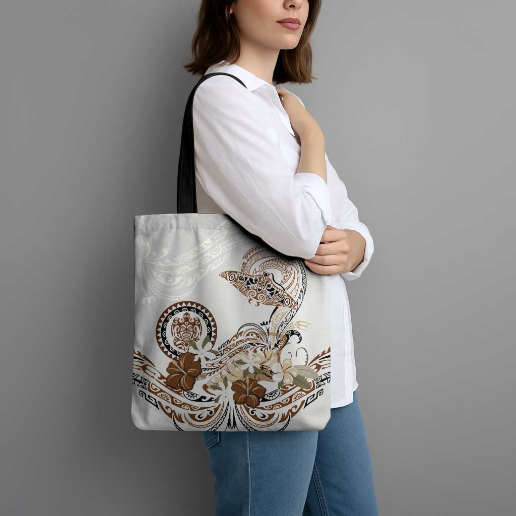Polynesian Manta Ray Tote Bag Beige Floral Turtle Tattoo - Polynesian Pride