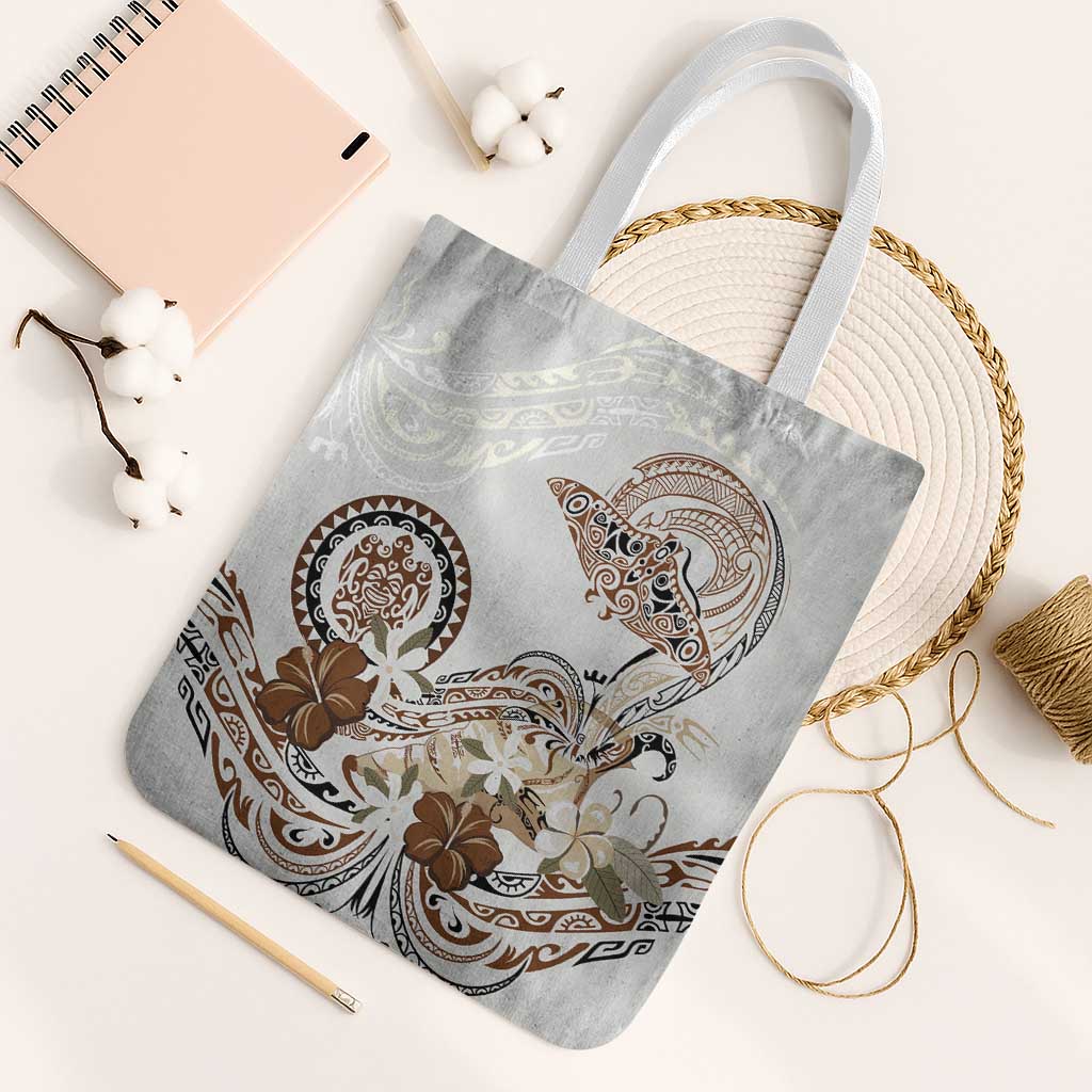 Polynesian Manta Ray Tote Bag Beige Floral Turtle Tattoo - Polynesian Pride