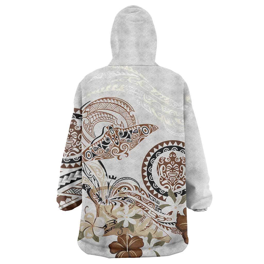 Polynesian Manta Ray Wearable Blanket Hoodie Beige Floral Turtle Tattoo - Polynesian Pride